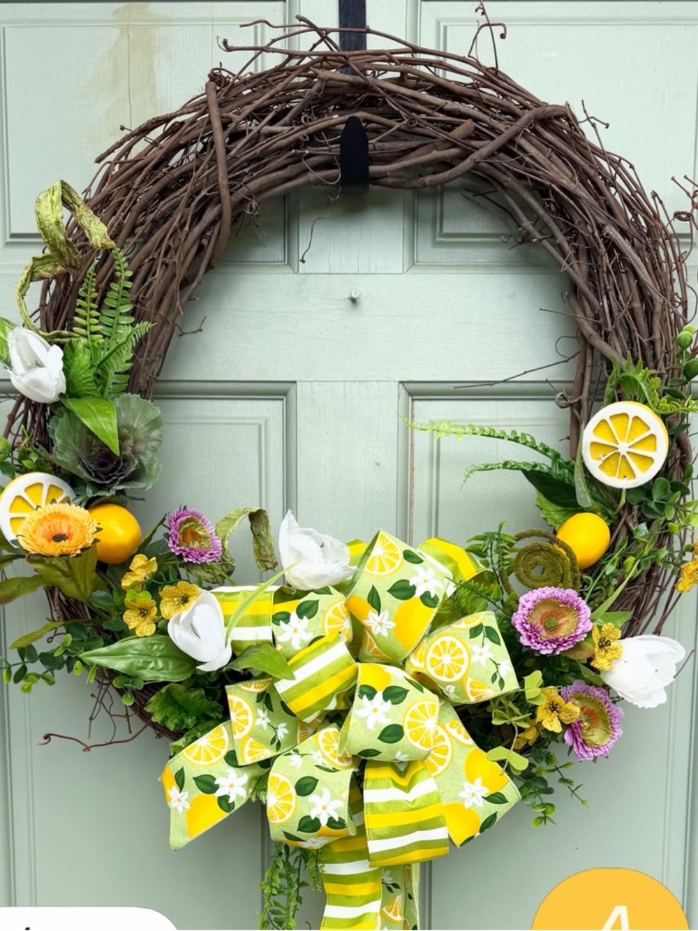 Yellow Lemon Spring Grapevine Wreath with Floral Bow